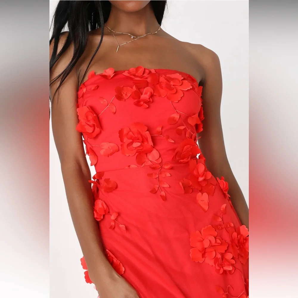 Lulu's Red Ruched Strapless Maxi Gown - Picture 3 of 6
